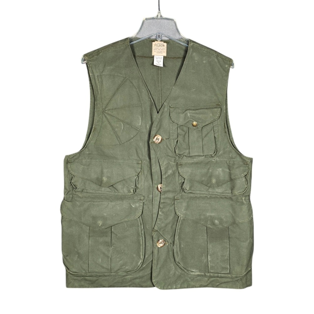 Vintage Filson Vest Men's Medium Tin Cloth Canvas Cargo Green USA 532 Hunting